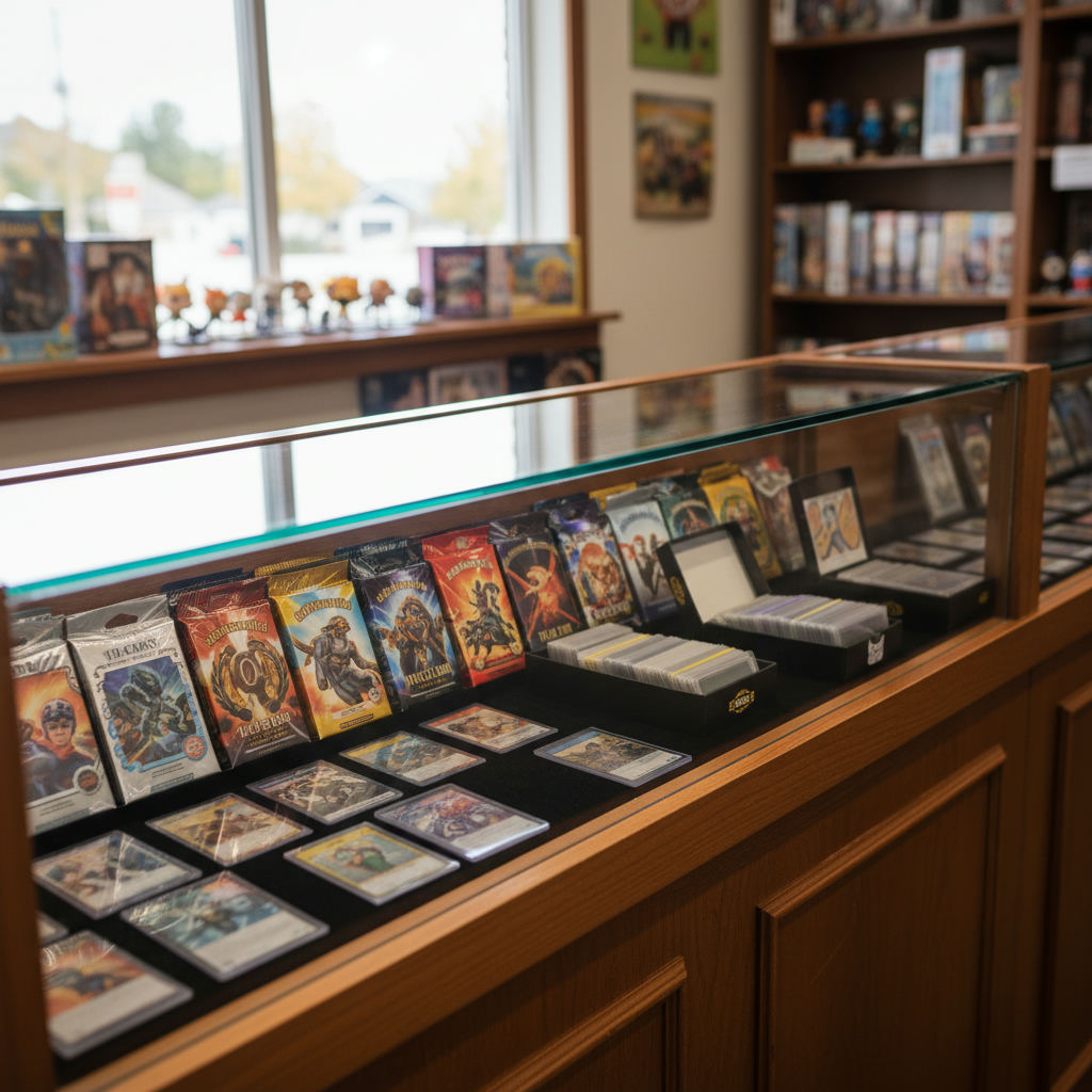 Card shop counter trading cards display case — sell cards to a local card shop guide (FlipAI)