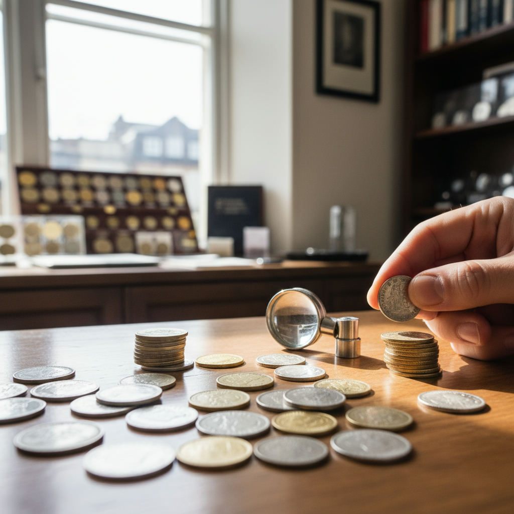 Coin dealer counter with loupe and coins — sell coins to a local dealer guide (FlipAI)