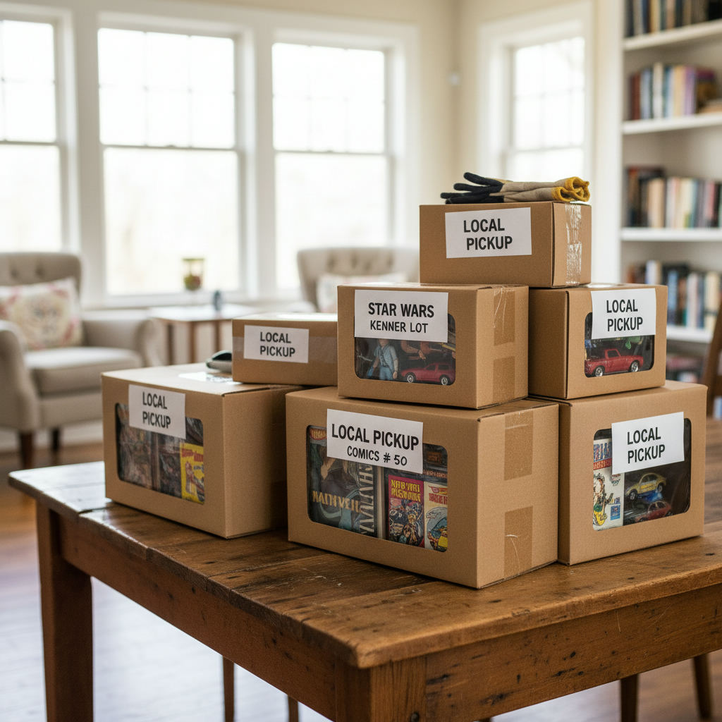 Collectibles boxed ready for local pickup — sell collectibles locally vs online guide (FlipAI)