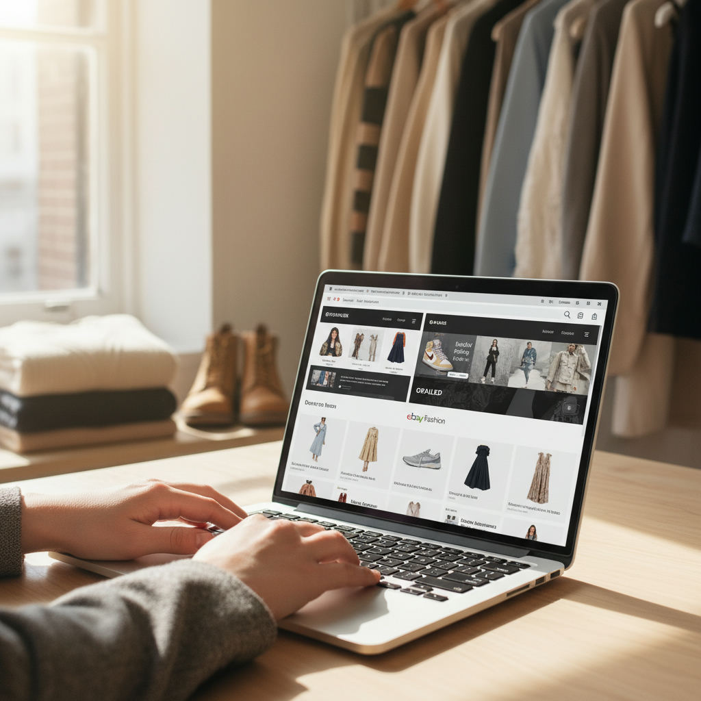 Multiple resale marketplaces laptop browsing clothes — sites like poshmark guide (FlipAI)
