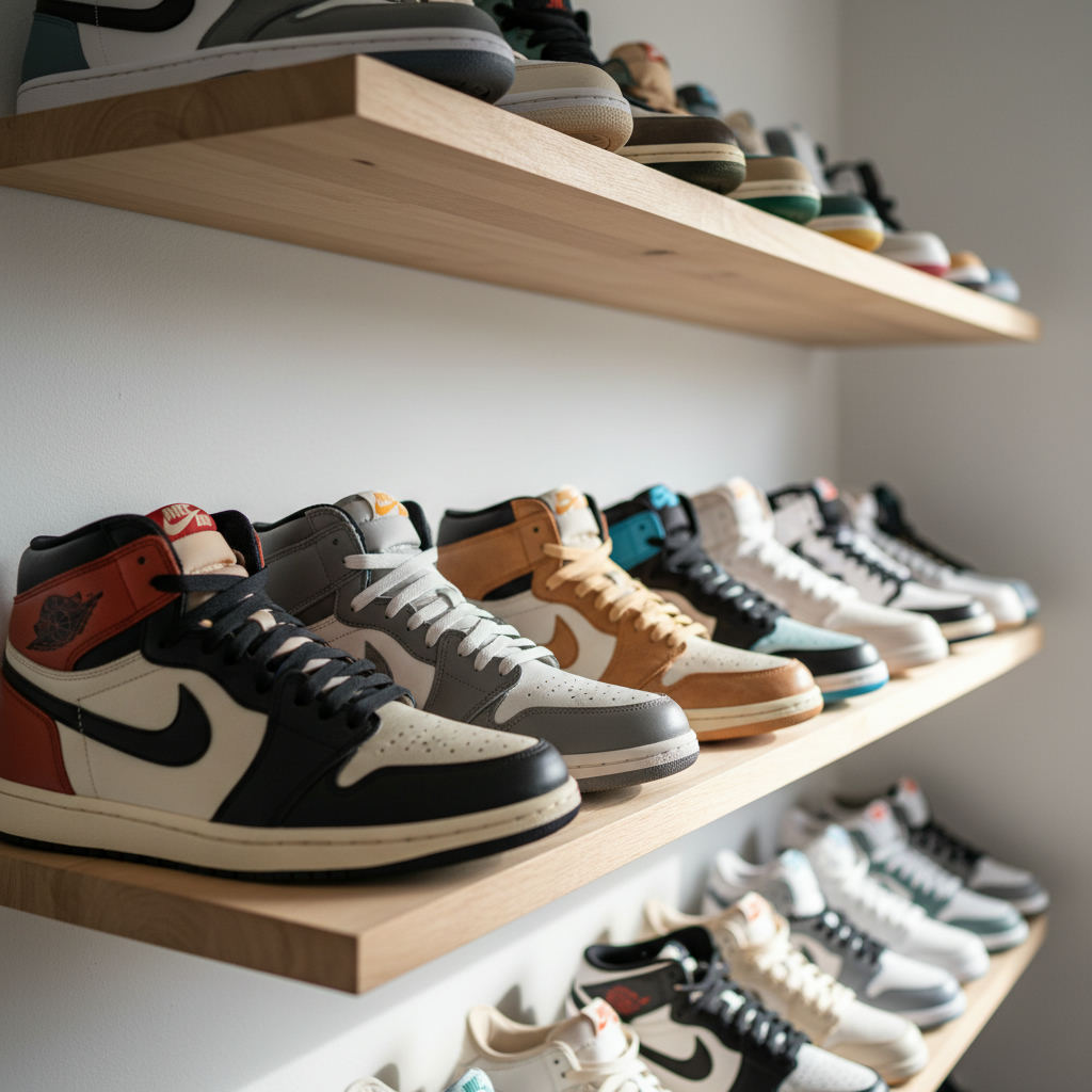 Sneakers lined up on shelf resale collection — sneaker resale value guide (FlipAI)