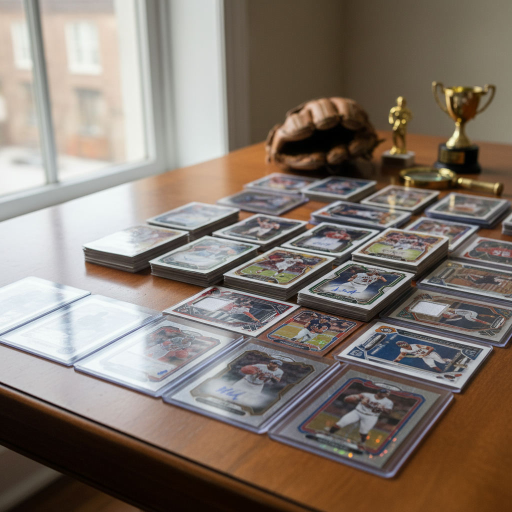 Sports trading cards collection on table close up — sell sports cards in New Jersey guide (FlipAI)