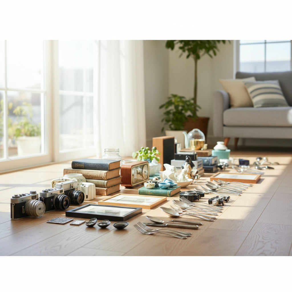 Household items sorted on floor for valuing — the value of things guide (FlipAI)