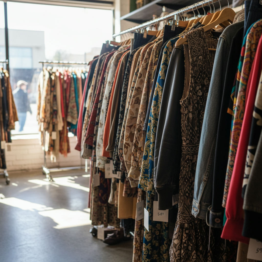 Thrift store shopping bargain vintage clothing rack — best thrift stores in Alabama guide (FlipAI)