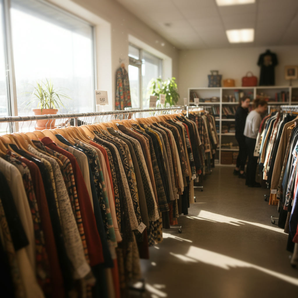 Thrift store shopping bargain vintage clothing rack — best thrift stores in Alaska guide (FlipAI)