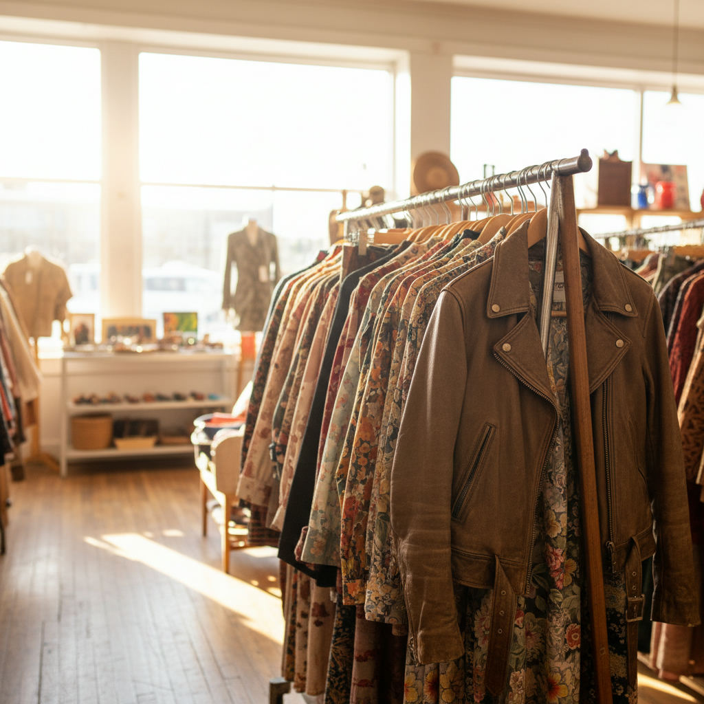 Thrift store shopping bargain vintage clothing rack — best thrift stores in California guide (FlipAI)