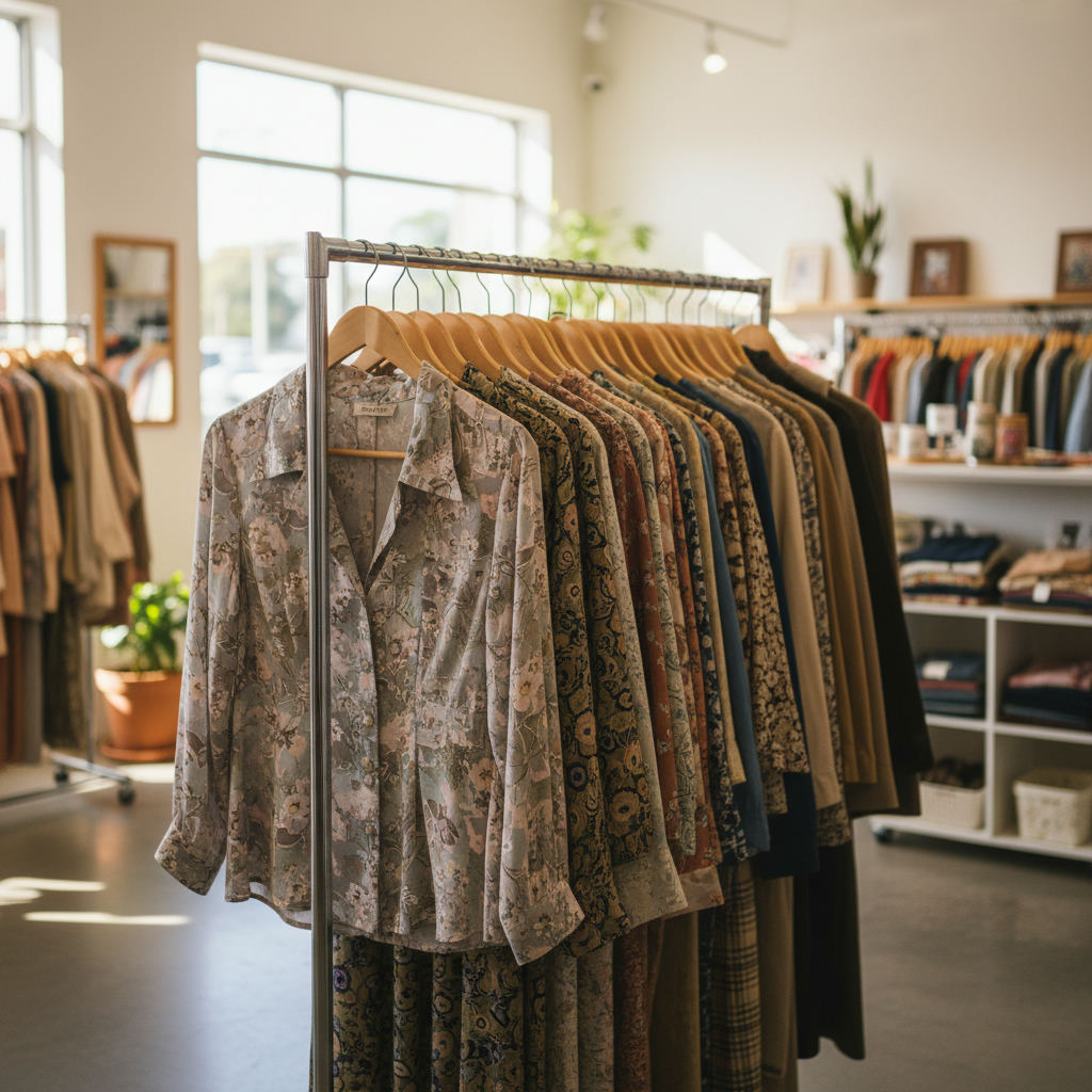 Thrift store shopping bargain vintage clothing rack — best thrift stores in Colorado guide (FlipAI)