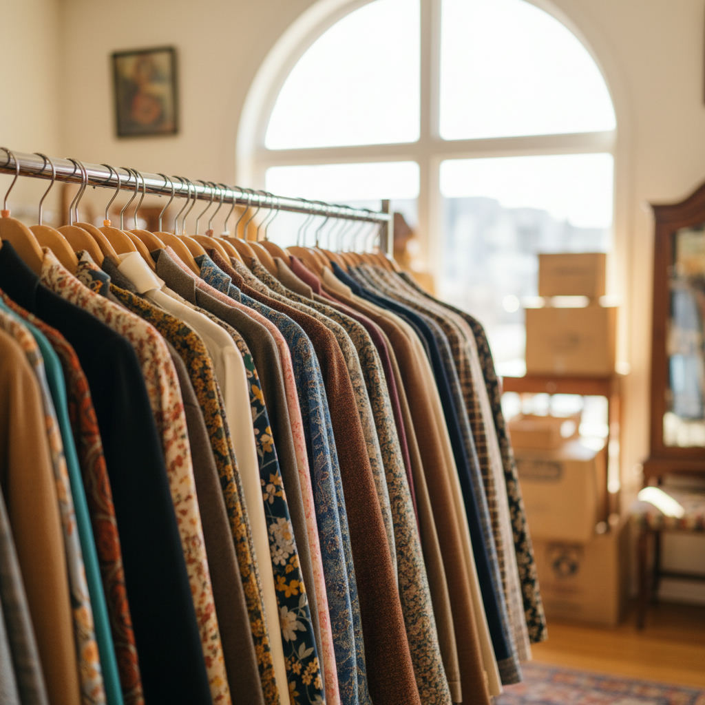 Thrift store shopping bargain vintage clothing rack — best thrift stores in Connecticut guide (FlipAI)