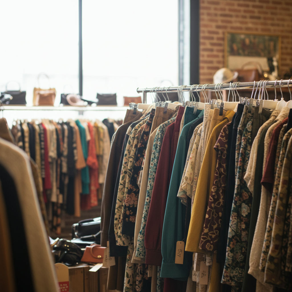 Thrift store shopping bargain vintage clothing rack — best thrift stores in Delaware guide (FlipAI)