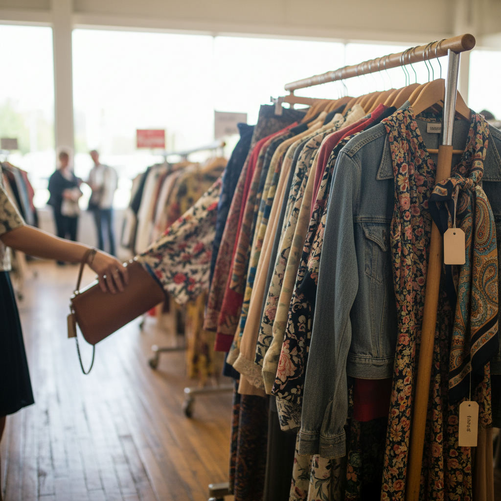 Thrift store shopping bargain vintage clothing rack — best thrift stores in Florida guide (FlipAI)