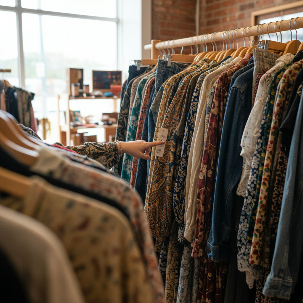 Thrift store shopping bargain vintage clothing rack — best thrift stores in Georgia guide (FlipAI)