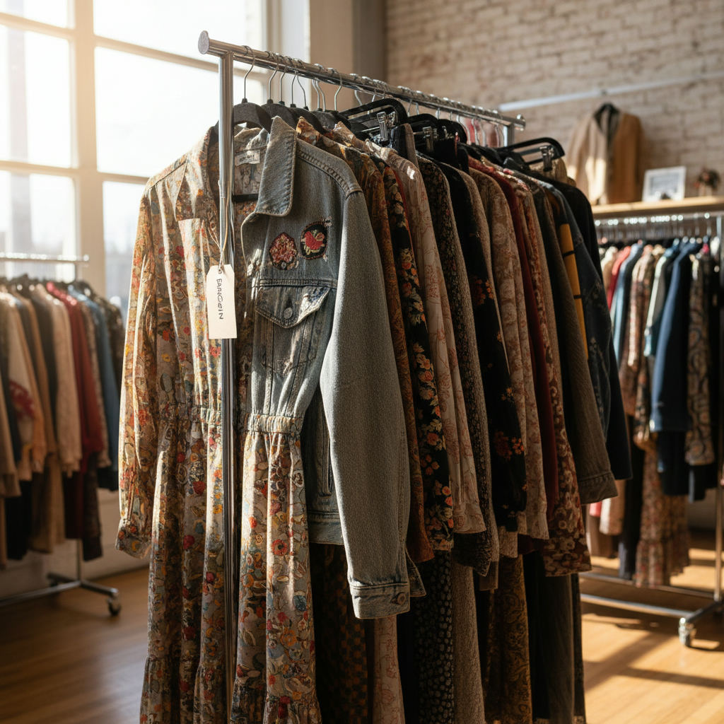 Thrift store shopping bargain vintage clothing rack — best thrift stores in Hawaii guide (FlipAI)