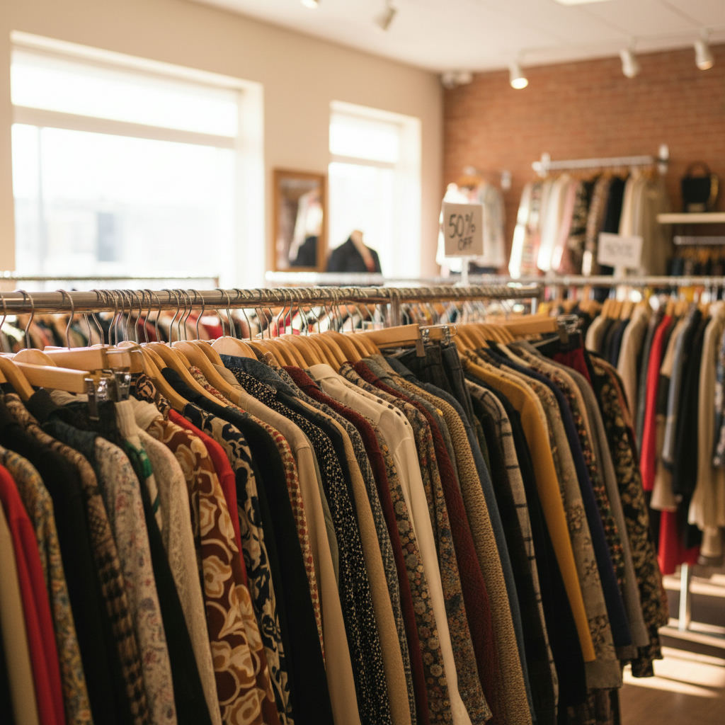 Thrift store shopping bargain vintage clothing rack — best thrift stores in Idaho guide (FlipAI)