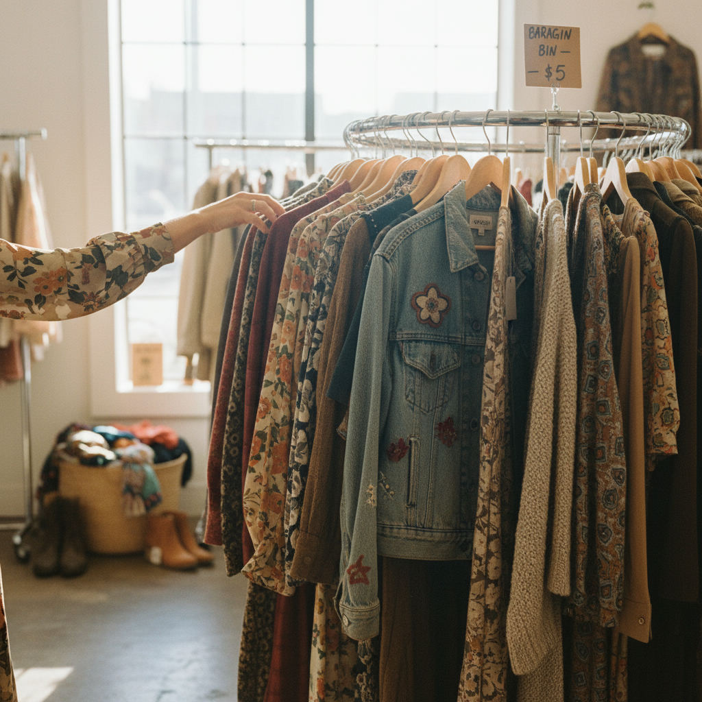 Thrift store shopping bargain vintage clothing rack — best thrift stores in Illinois guide (FlipAI)