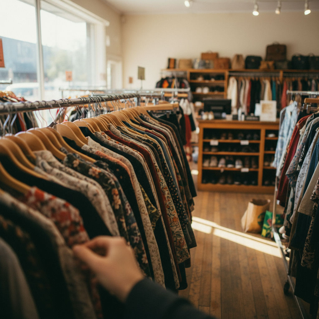 Thrift store shopping bargain vintage clothing rack — best thrift stores in Indiana guide (FlipAI)