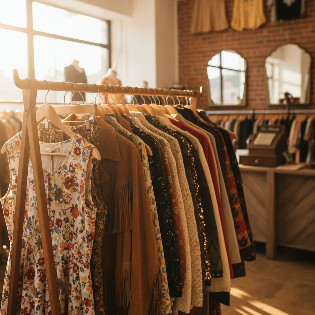 Thrift store shopping bargain vintage clothing rack — best thrift stores in Iowa guide (FlipAI)