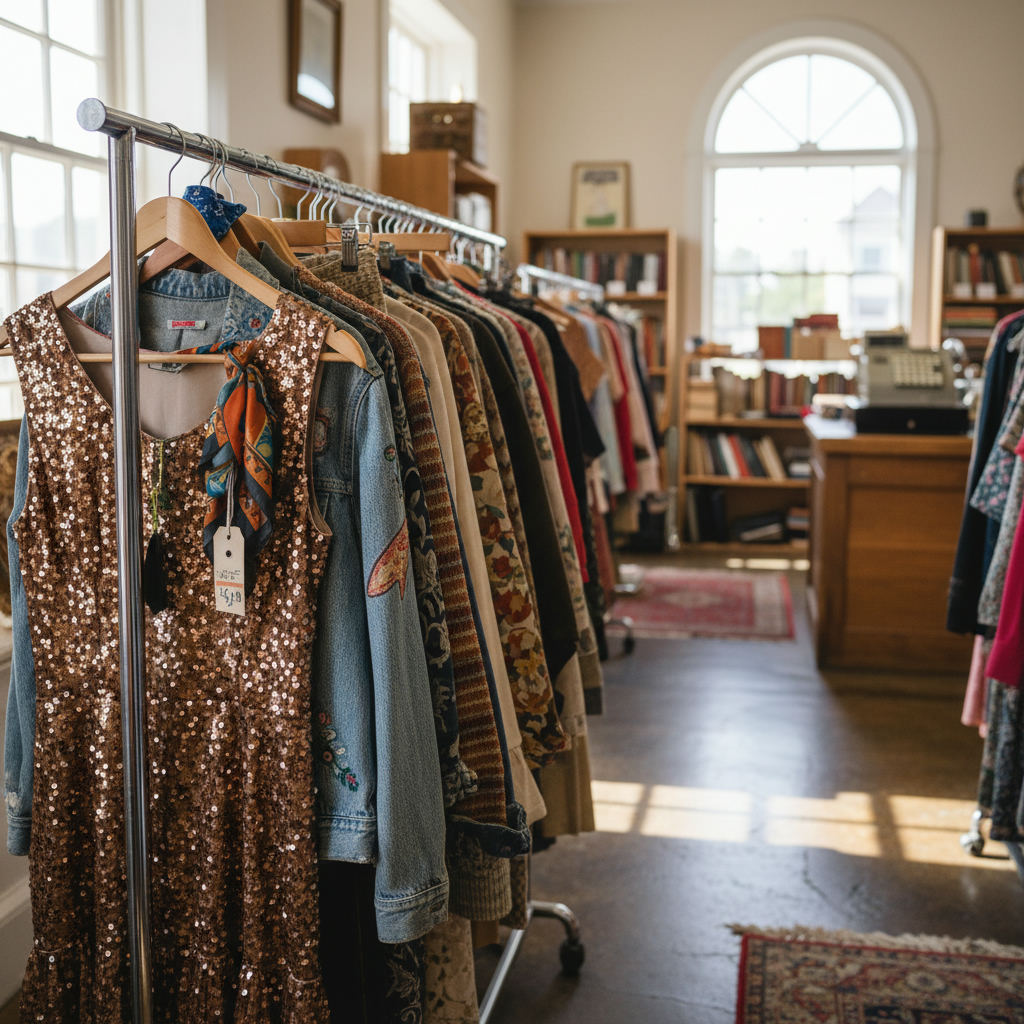Thrift store shopping bargain vintage clothing rack — best thrift stores in Kansas guide (FlipAI)