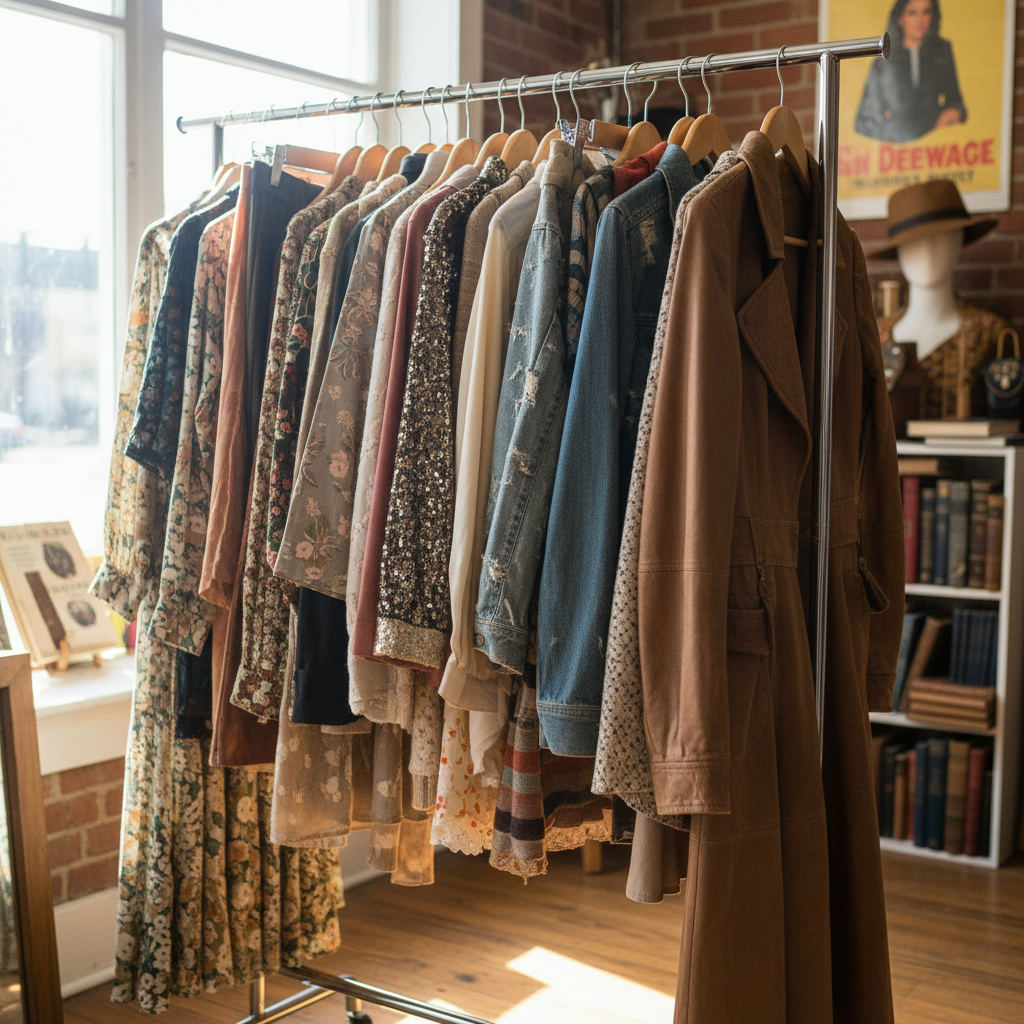 Thrift store shopping bargain vintage clothing rack — best thrift stores in Kentucky guide (FlipAI)