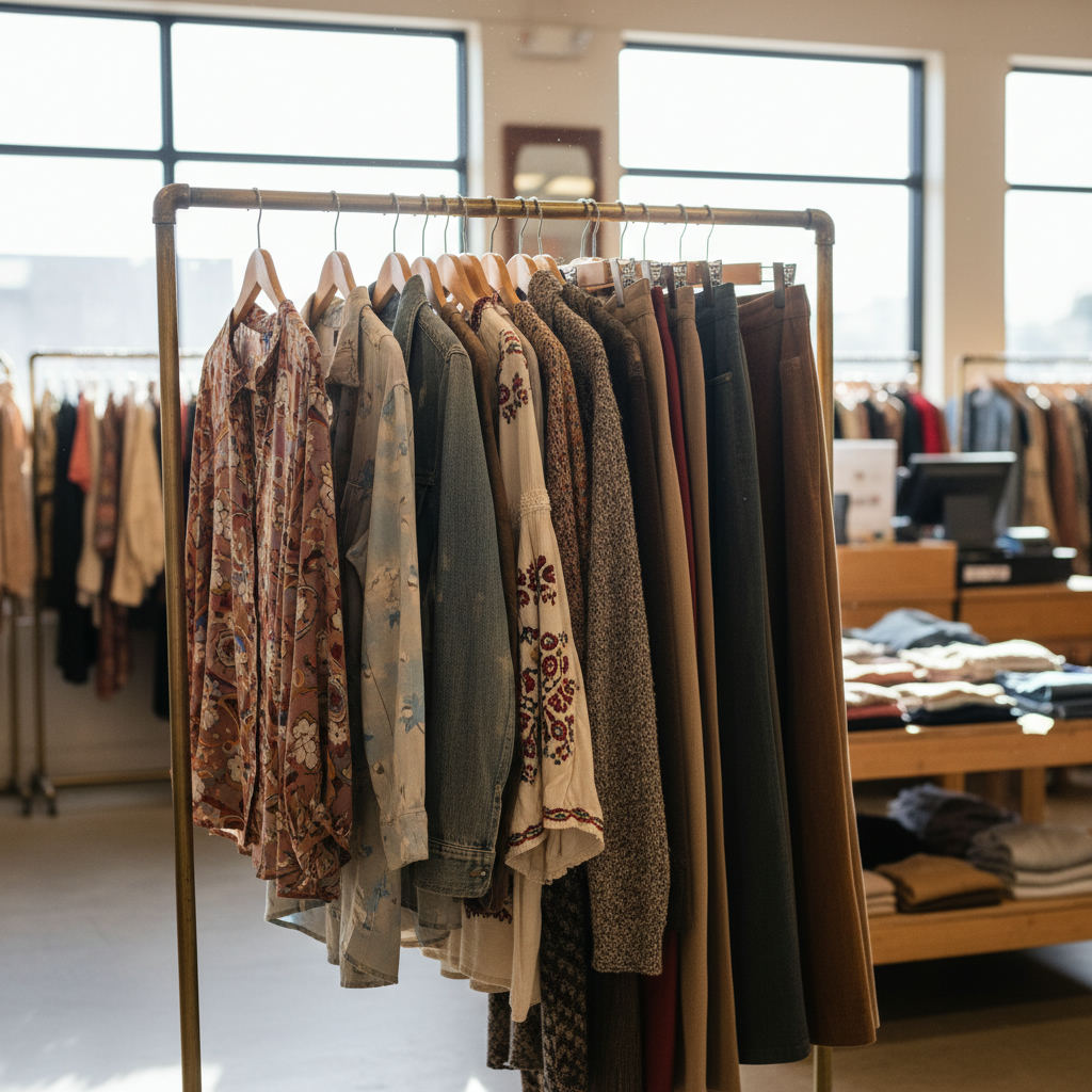 Thrift store shopping bargain vintage clothing rack — best thrift stores in Louisiana guide (FlipAI)