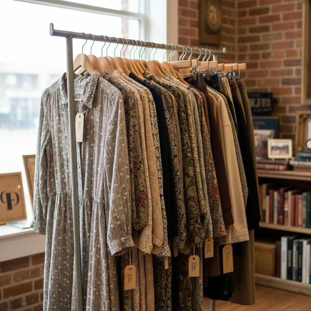 Thrift store shopping bargain vintage clothing rack — best thrift stores in Maine guide (FlipAI)