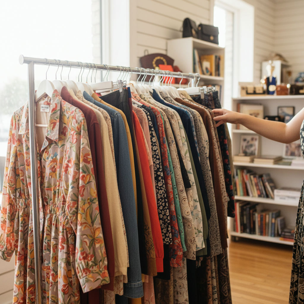 Thrift store shopping bargain vintage clothing rack — best thrift stores in Maryland guide (FlipAI)
