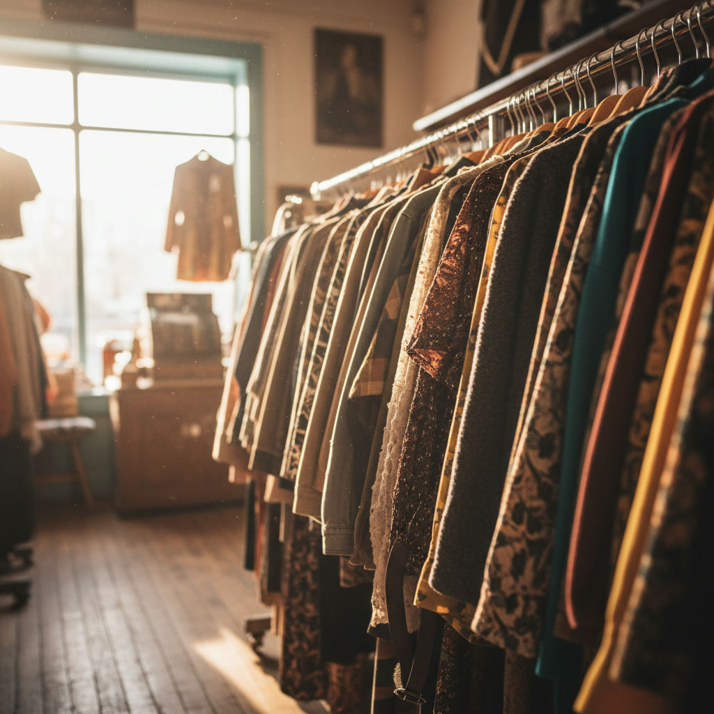 Thrift store shopping bargain vintage clothing rack — best thrift stores in Massachusetts guide (FlipAI)