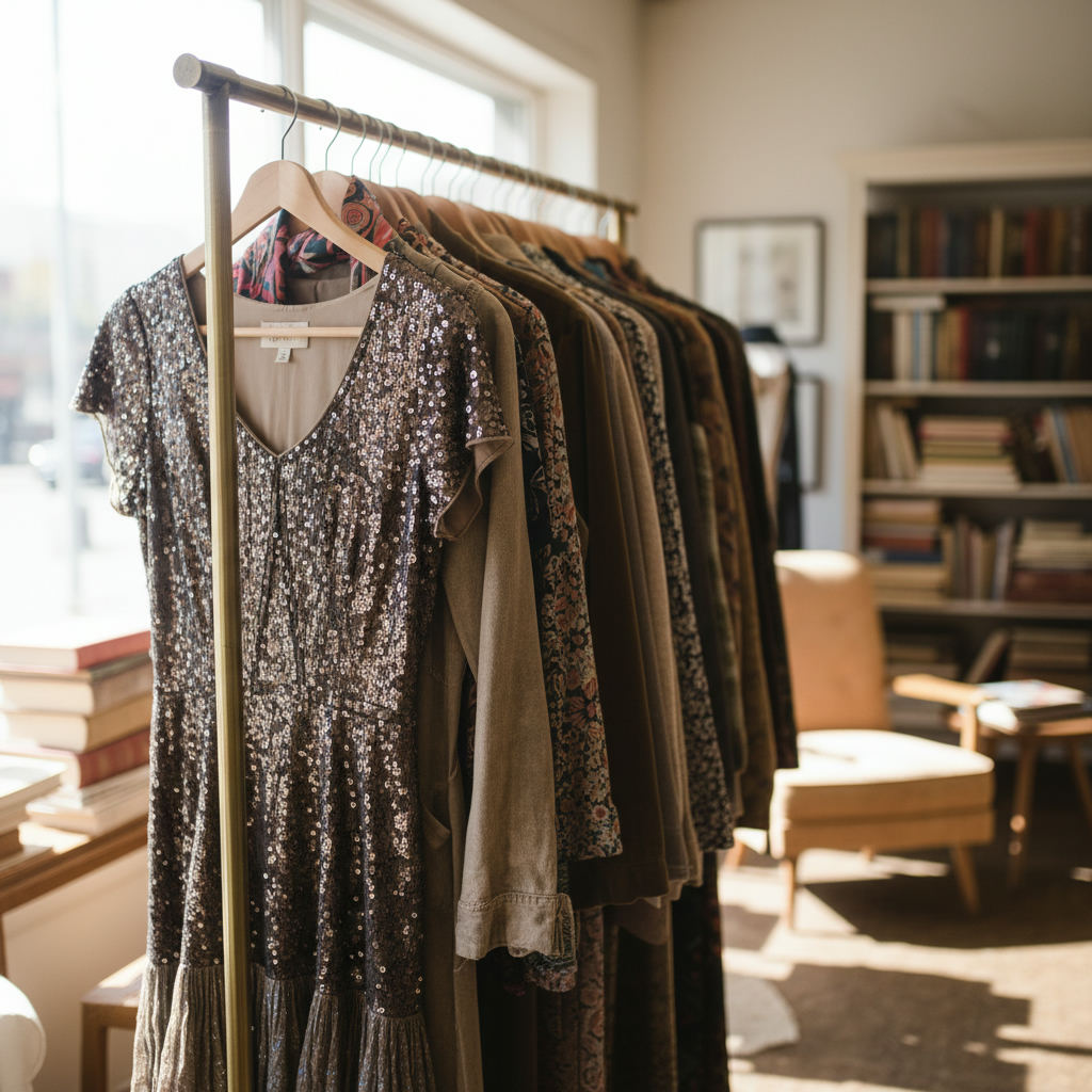Thrift store shopping bargain vintage clothing rack — best thrift stores in Michigan guide (FlipAI)