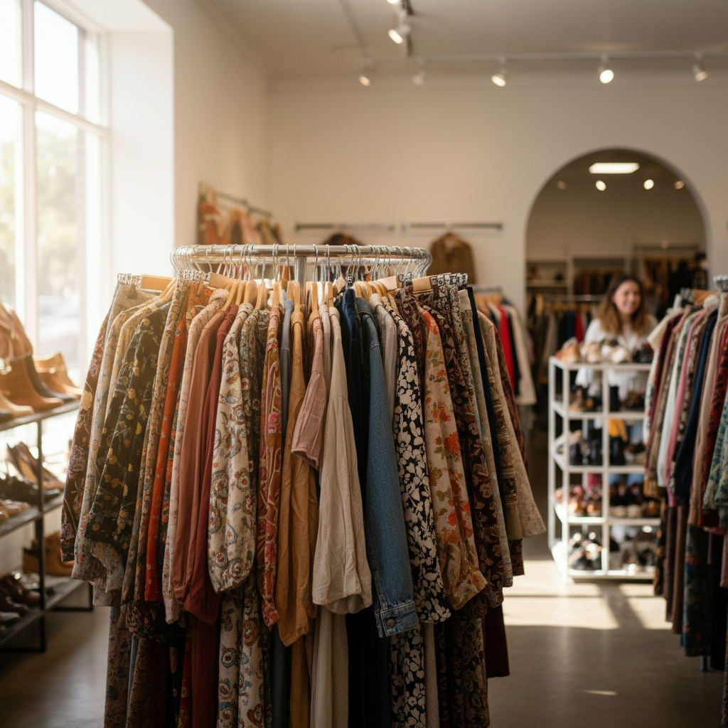 Thrift store shopping bargain vintage clothing rack — best thrift stores in Minnesota guide (FlipAI)