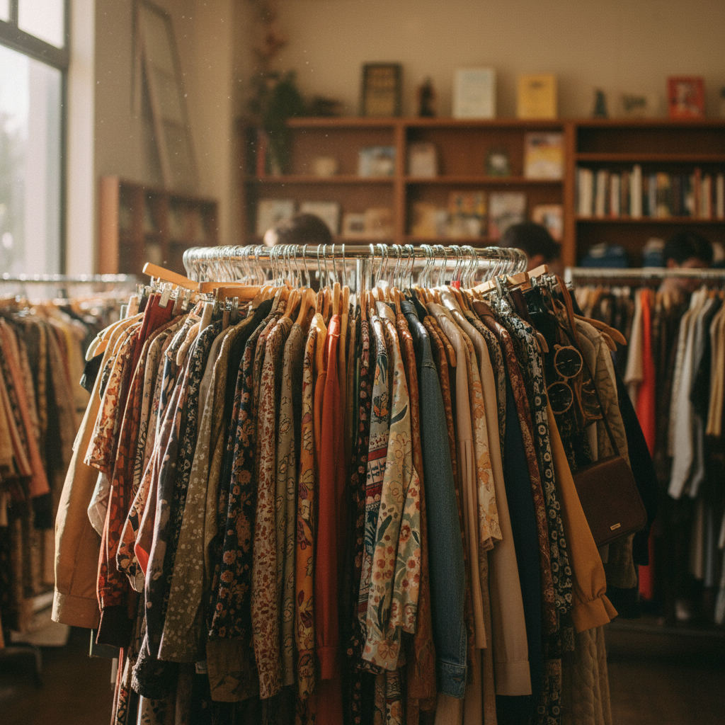 Thrift store shopping bargain vintage clothing rack — best thrift stores in Mississippi guide (FlipAI)