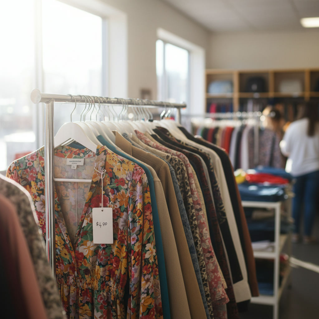 Thrift store shopping bargain vintage clothing rack — best thrift stores in Missouri guide (FlipAI)