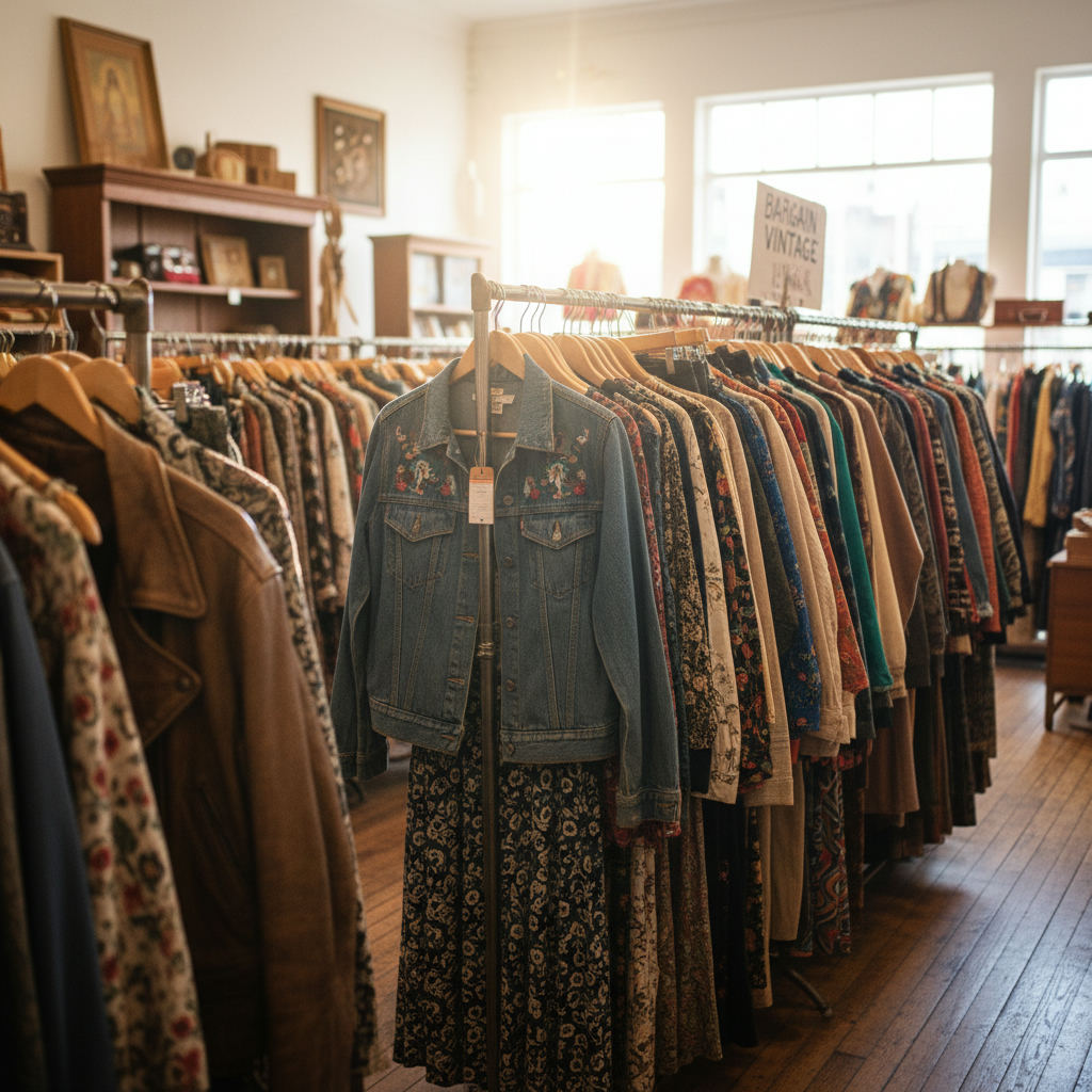 Thrift store shopping bargain vintage clothing rack — best thrift stores in Montana guide (FlipAI)