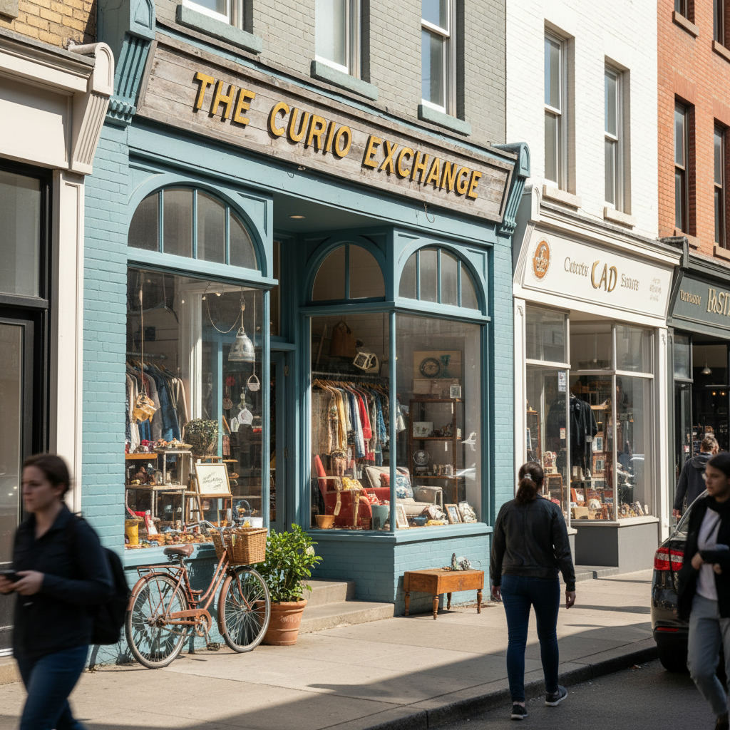Thrift store storefront street daytime — thrift stores near me guide (FlipAI)