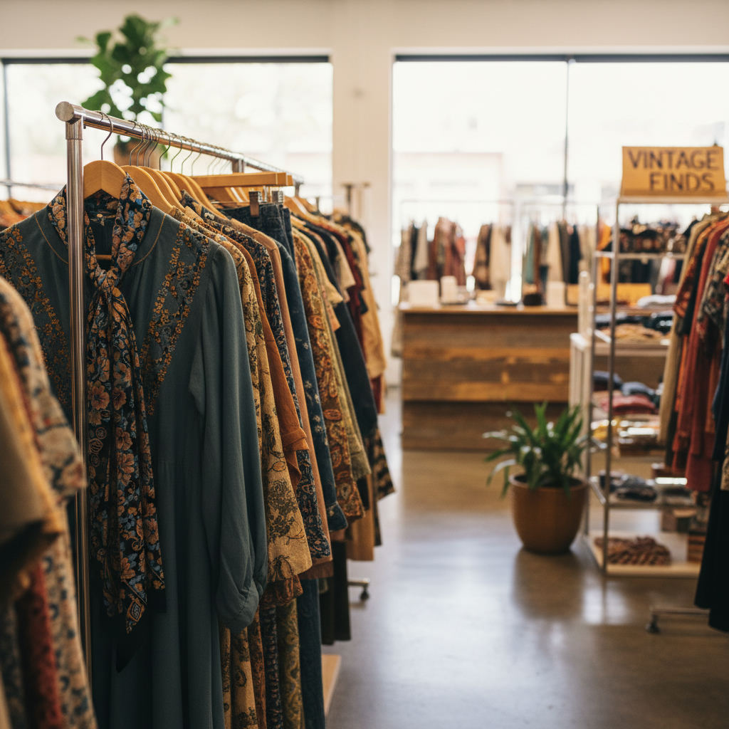 Thrift store shopping bargain vintage clothing rack — best thrift stores in Nebraska guide (FlipAI)