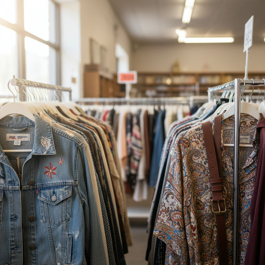Thrift store shopping bargain vintage clothing rack — best thrift stores in Nevada guide (FlipAI)