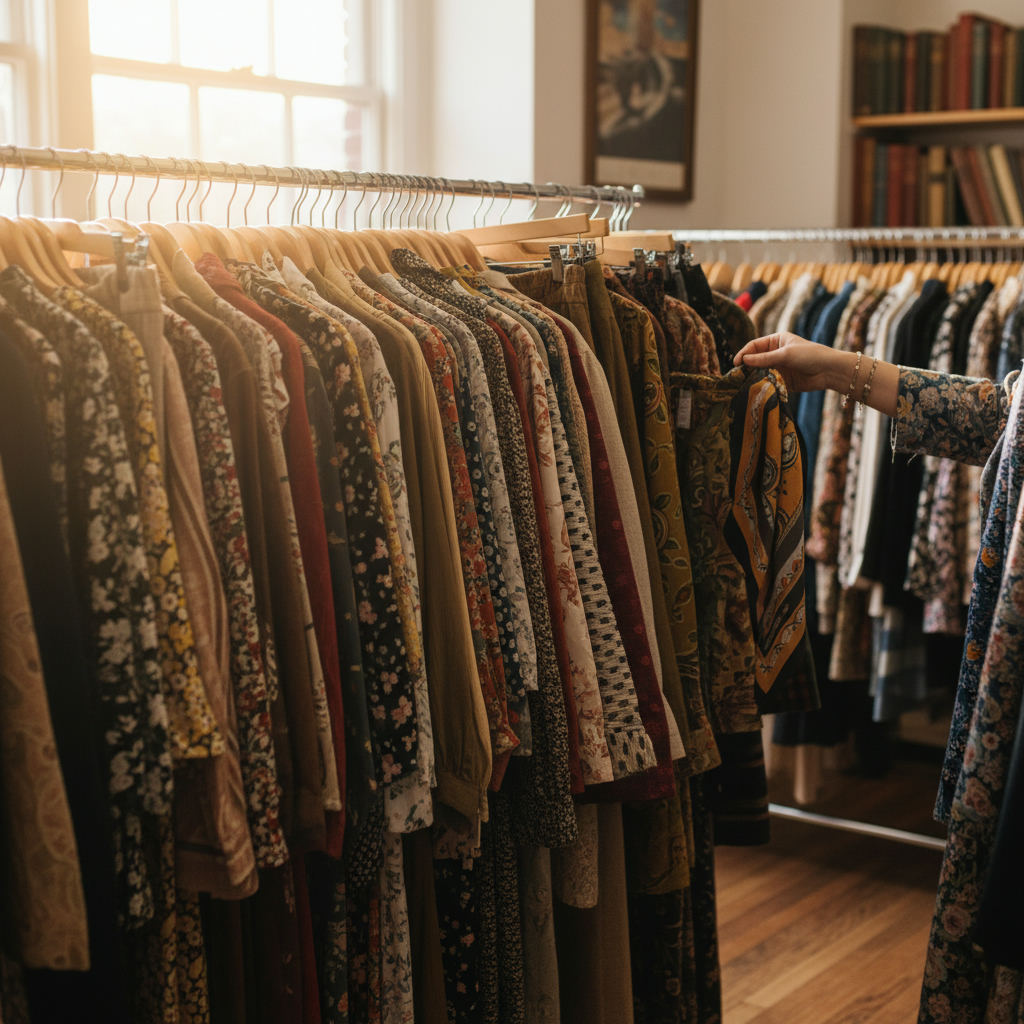 Thrift store shopping bargain vintage clothing rack — best thrift stores in New Jersey guide (FlipAI)