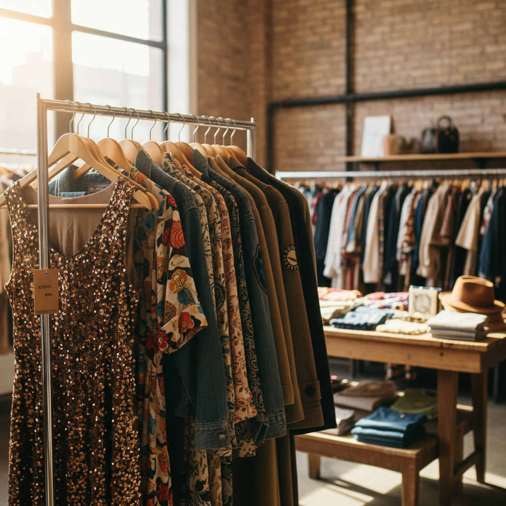 Thrift store shopping bargain vintage clothing rack — best thrift stores in New Mexico guide (FlipAI)