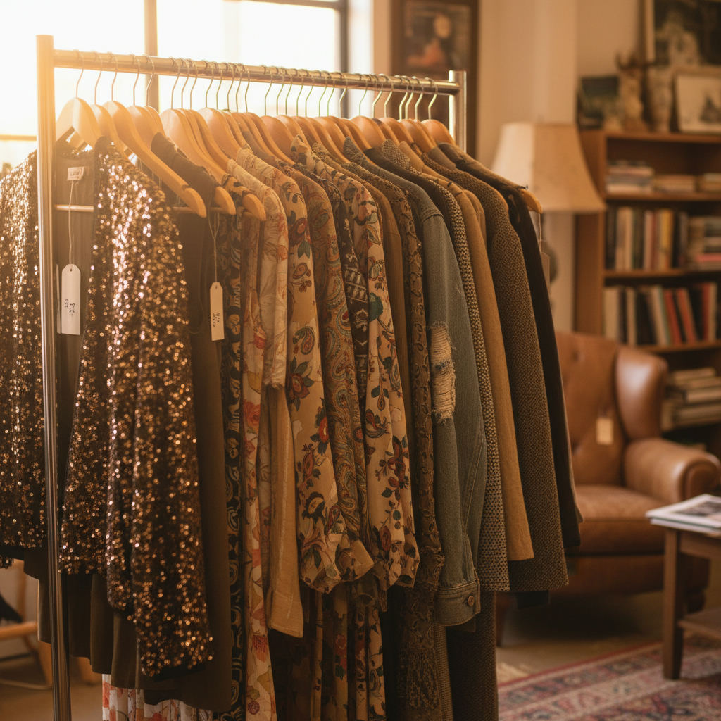 Thrift store shopping bargain vintage clothing rack — best thrift stores in North Carolina guide (FlipAI)