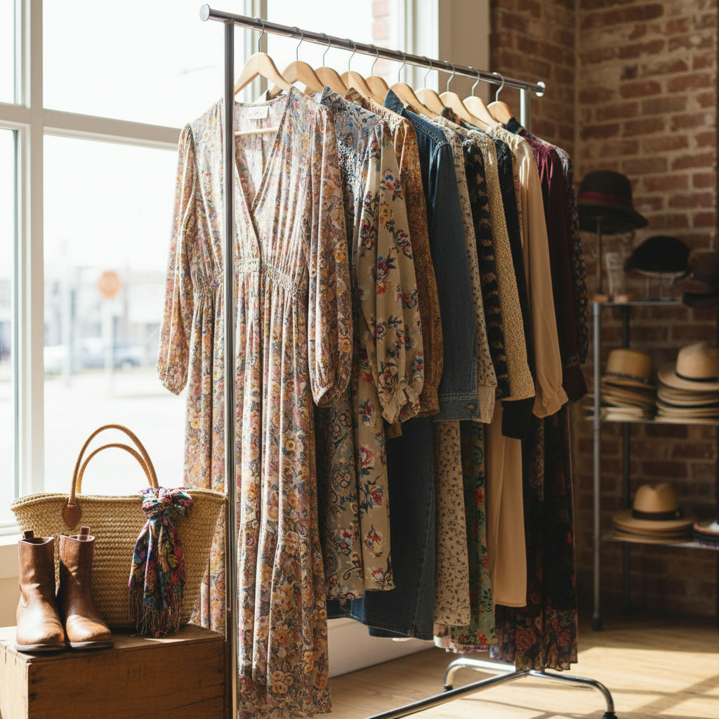 Thrift store shopping bargain vintage clothing rack — best thrift stores in North Dakota guide (FlipAI)