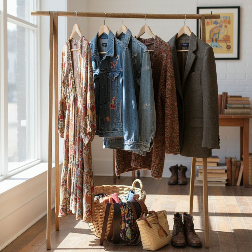 Thrift store shopping bargain vintage clothing rack — best thrift stores in Ohio guide (FlipAI)