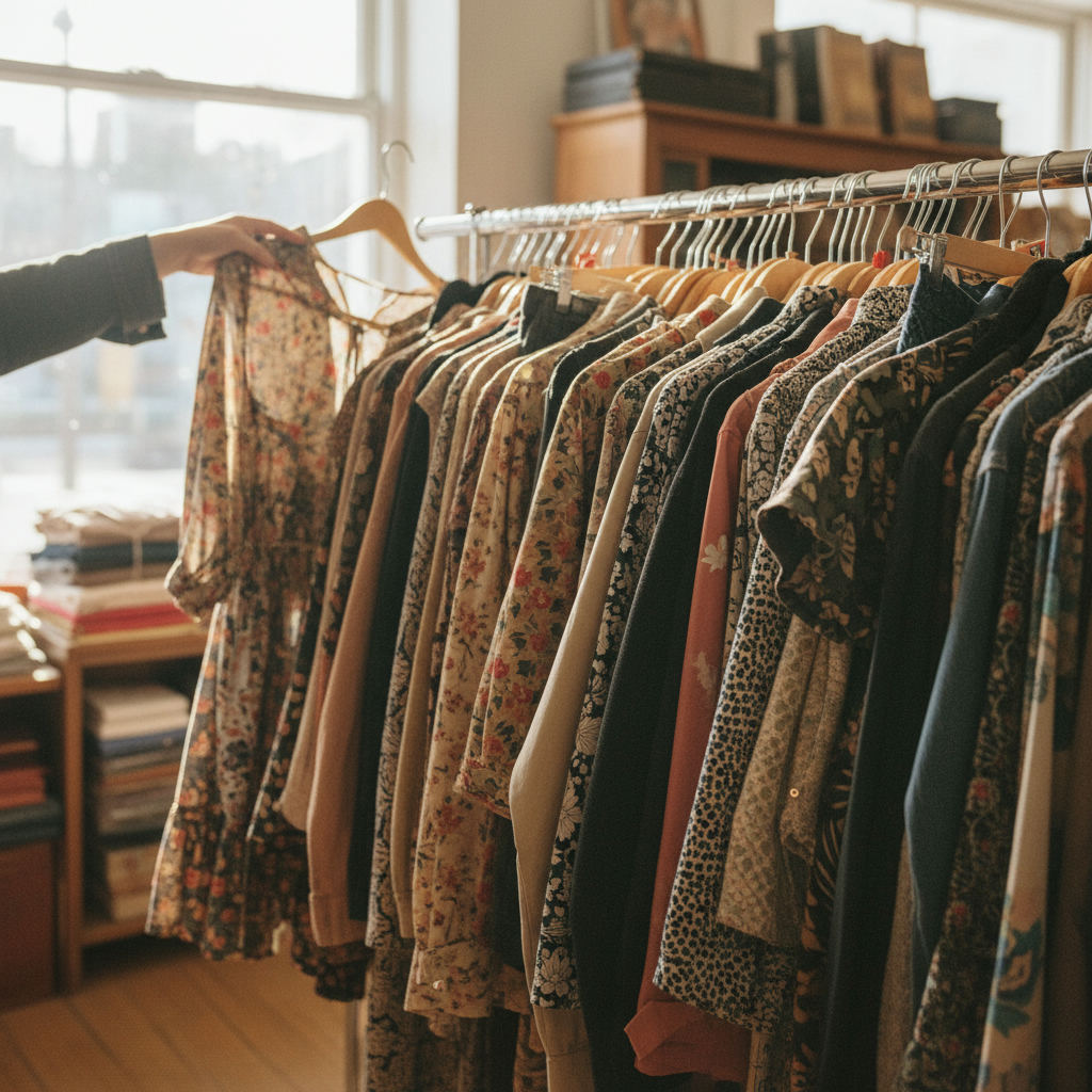 Thrift store shopping bargain vintage clothing rack — best thrift stores in Oklahoma guide (FlipAI)