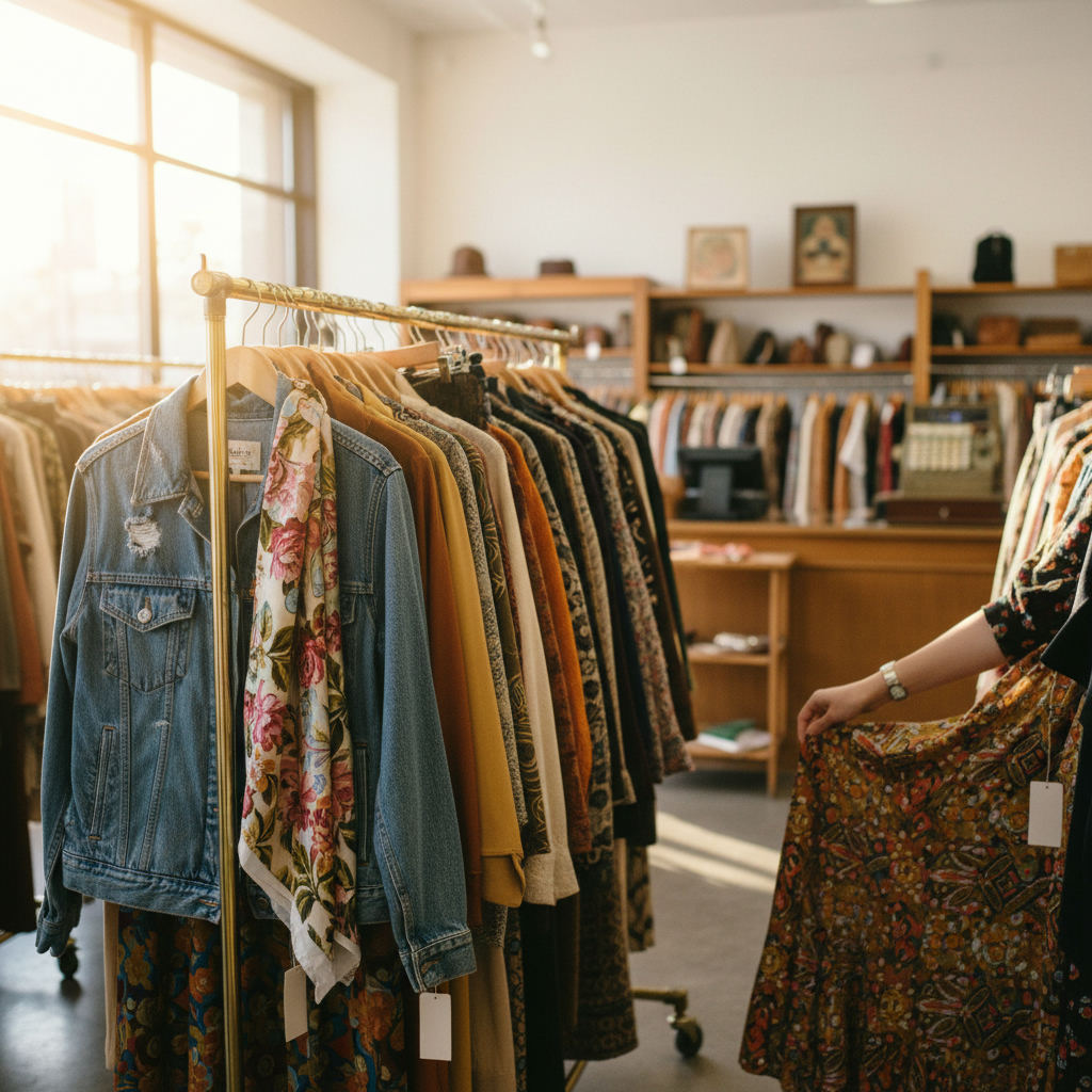 Thrift store shopping bargain vintage clothing rack — best thrift stores in Pennsylvania guide (FlipAI)