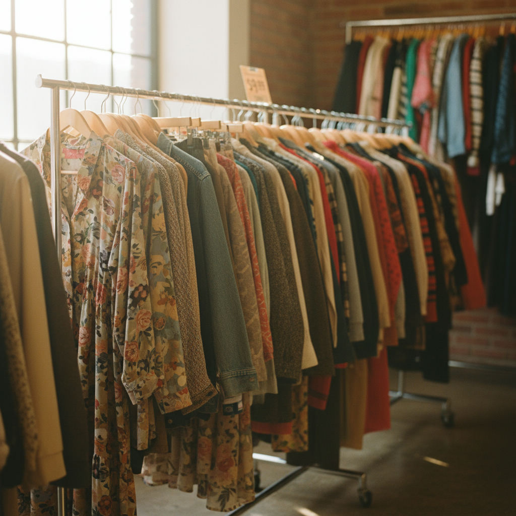 Thrift store shopping bargain vintage clothing rack — best thrift stores in Rhode Island guide (FlipAI)