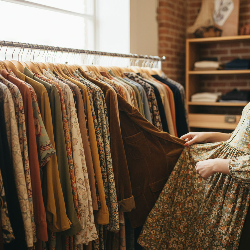 Thrift store shopping bargain vintage clothing rack — best thrift stores in South Carolina guide (FlipAI)