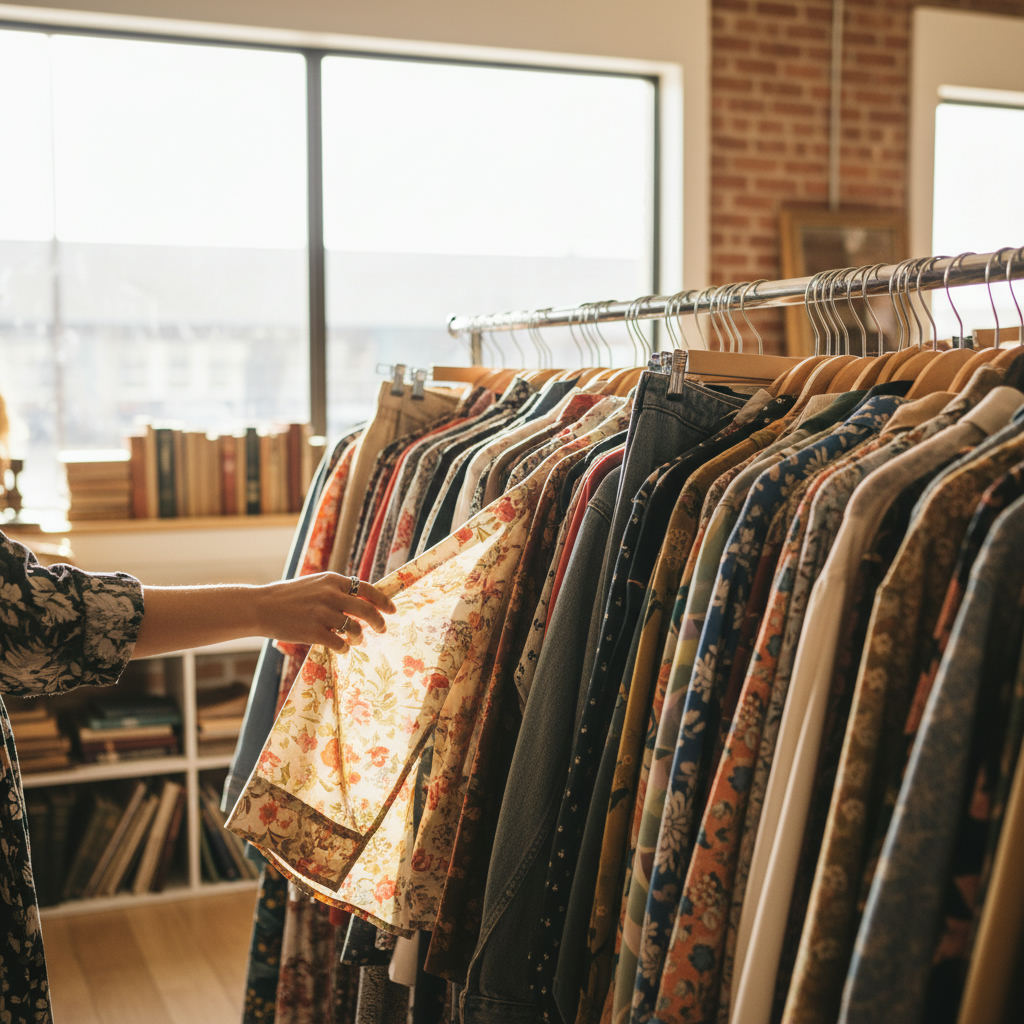 Thrift store shopping bargain vintage clothing rack — best thrift stores in South Dakota guide (FlipAI)