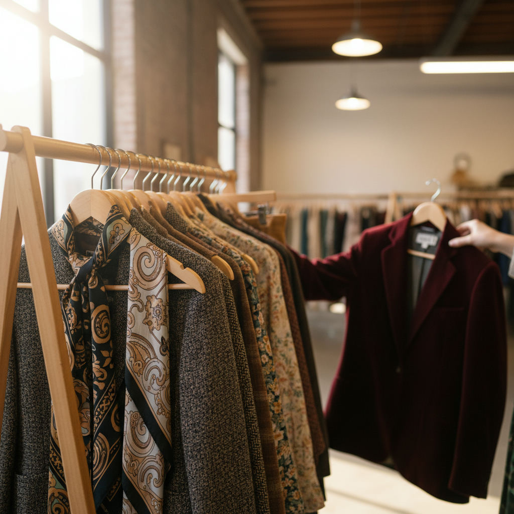 Thrift store shopping bargain vintage clothing rack — best thrift stores in Tennessee guide (FlipAI)