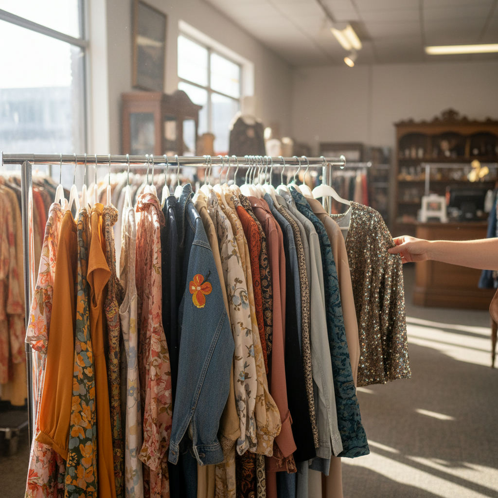Thrift store shopping bargain vintage clothing rack — best thrift stores in Texas guide (FlipAI)