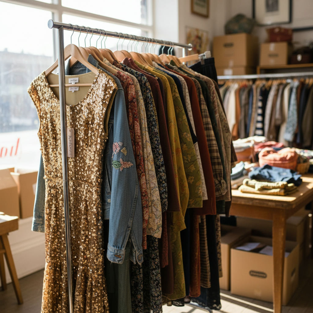 Thrift store shopping bargain vintage clothing rack — best thrift stores in Utah guide (FlipAI)