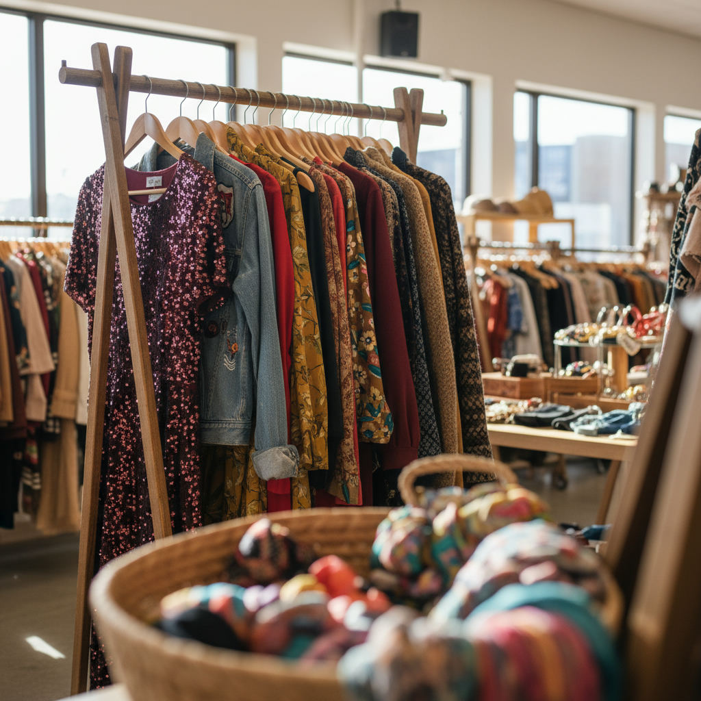 Thrift store shopping bargain vintage clothing rack — best thrift stores in Virginia guide (FlipAI)