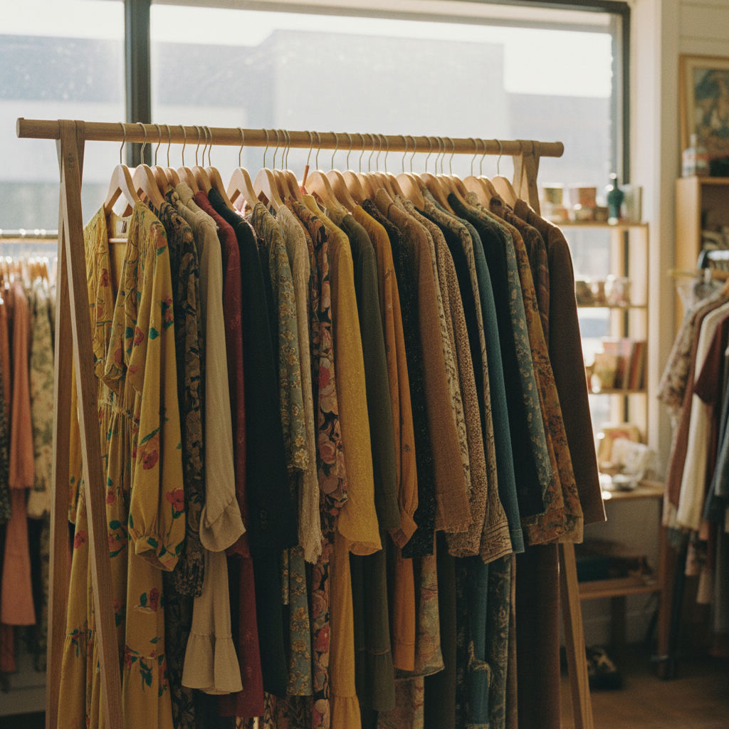 Thrift store shopping bargain vintage clothing rack — best thrift stores in Washington guide (FlipAI)