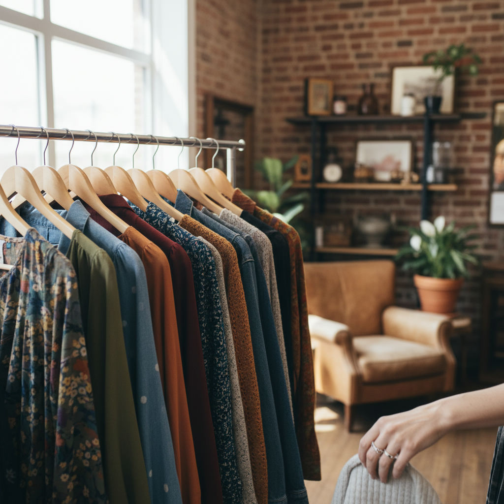 Thrift store shopping bargain vintage clothing rack — best thrift stores in West Virginia guide (FlipAI)